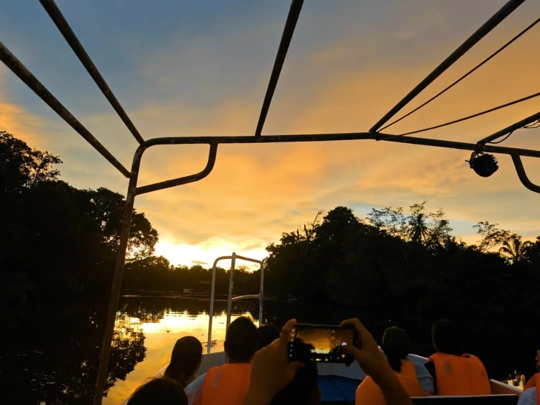 People wearing orange life jackets taking photos on a boat during a sunset on a river surrounded by trees.