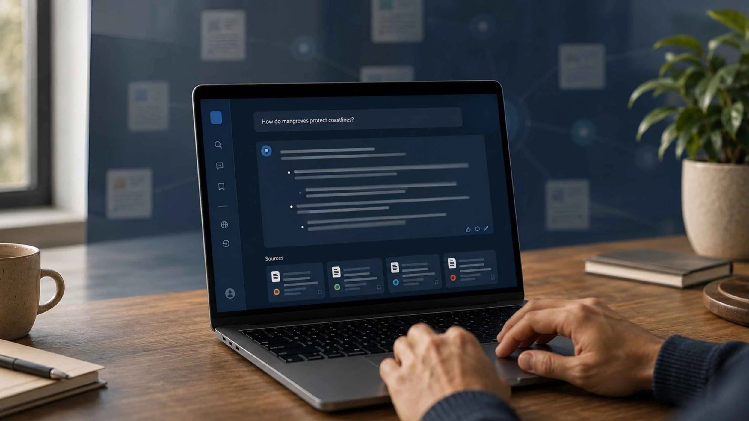 Person using a laptop displaying an AI search response with cited source cards.