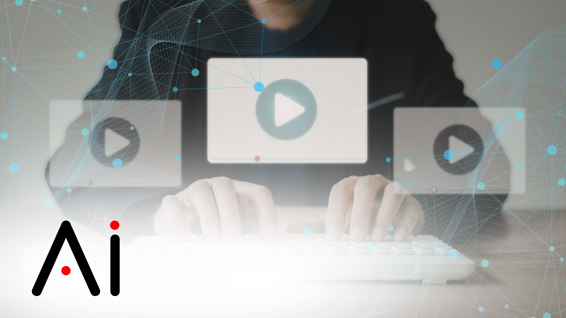 Person typing on a laptop with AI, video interface and digital network graphics.