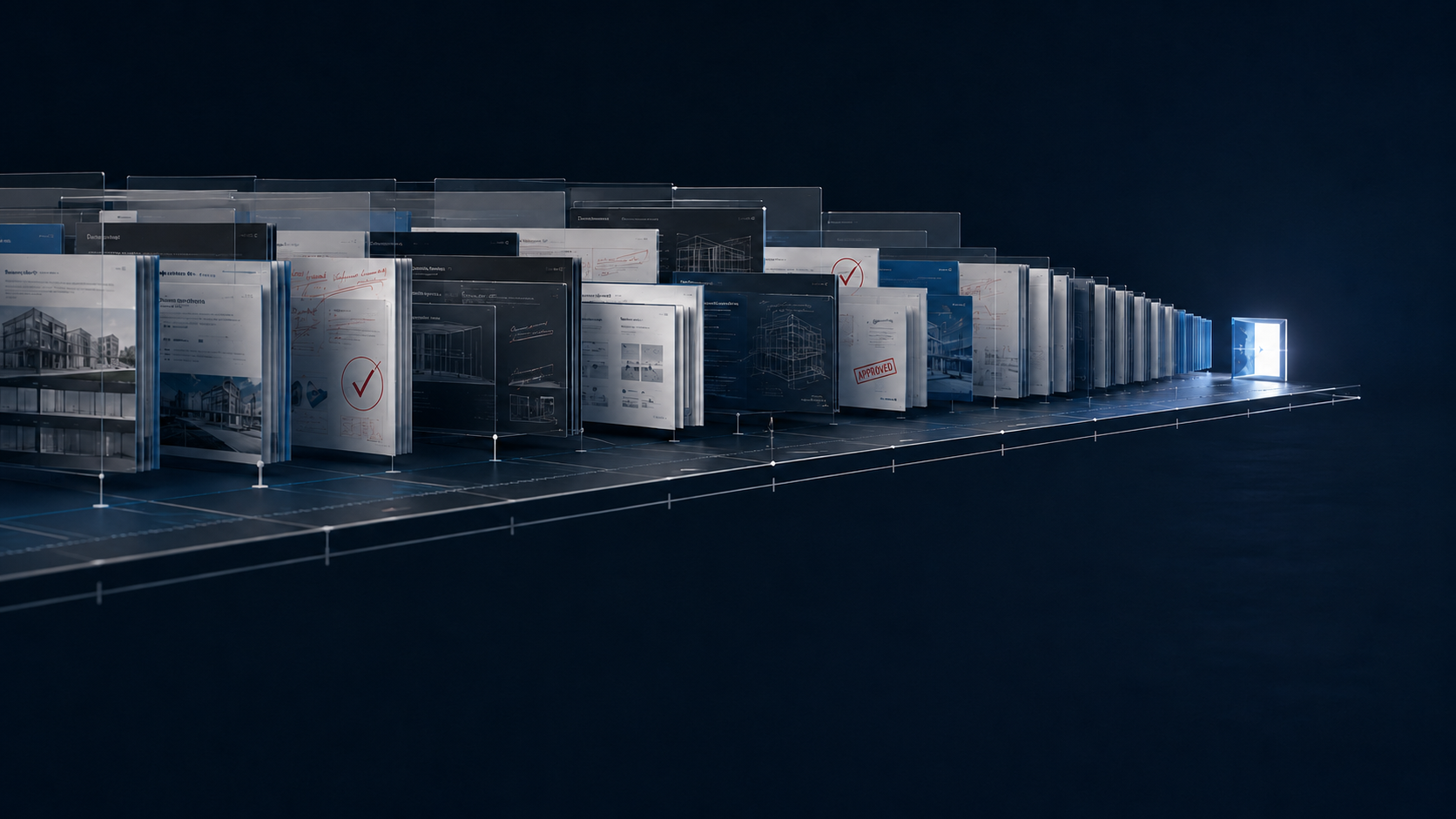 Digital planning deck pages and approval screens arranged in a long production sequence.