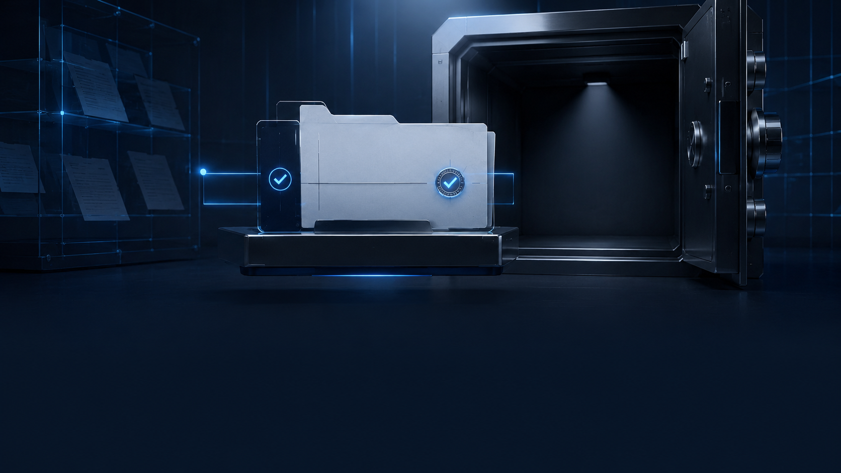 Verified document folder beside an open digital safe with approval checkmarks.