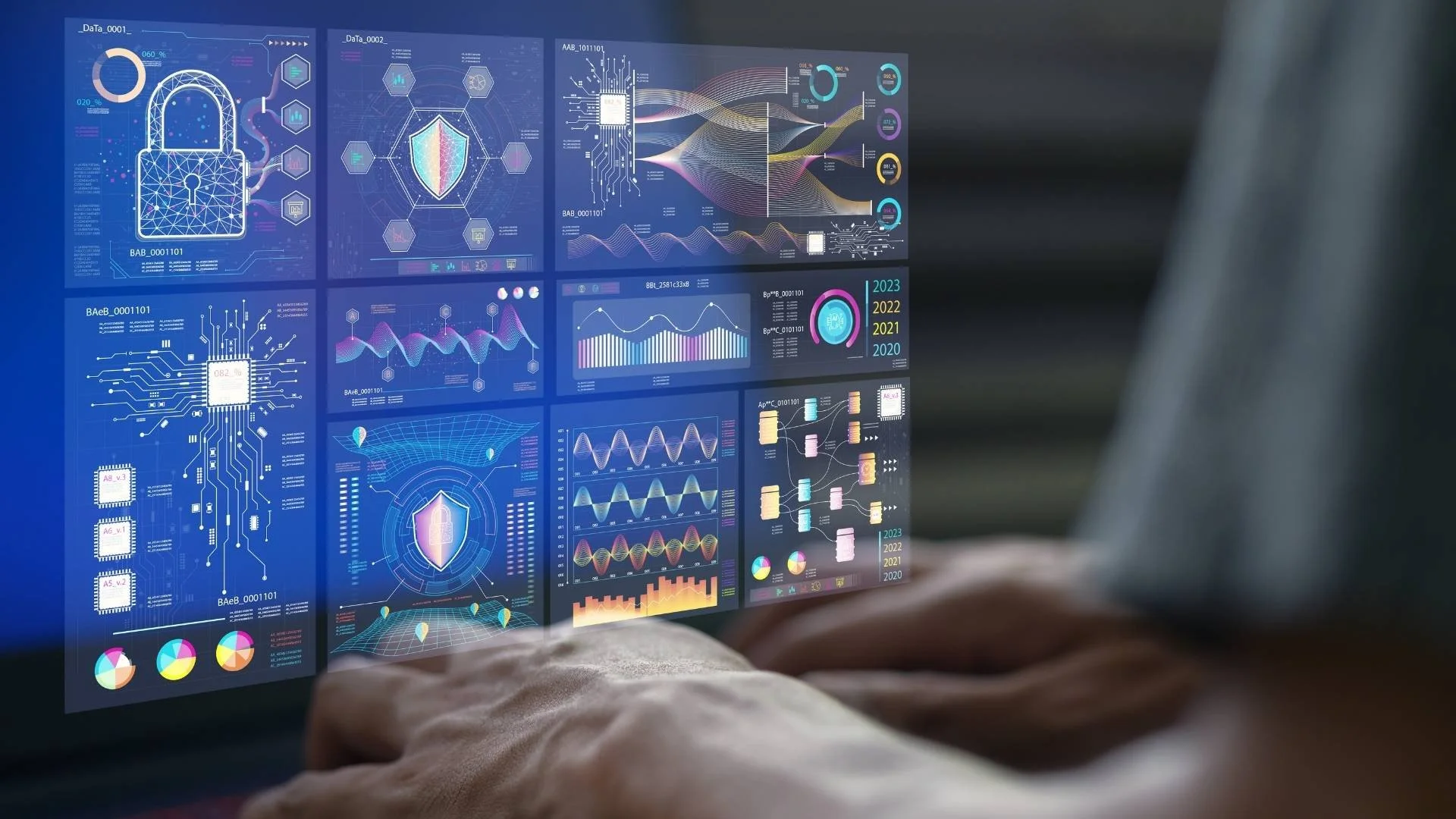 Digital security dashboard with data panels, representing AI deployer liability in a PR workflow