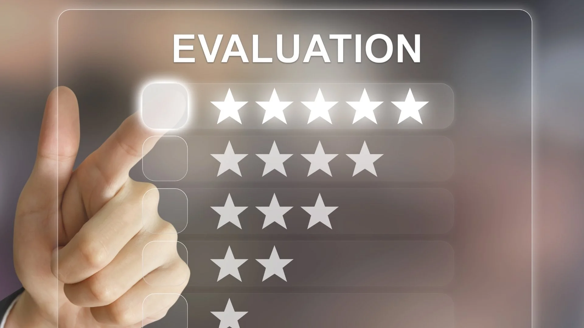 Hand selecting a rating on a digital evaluation screen with star rows