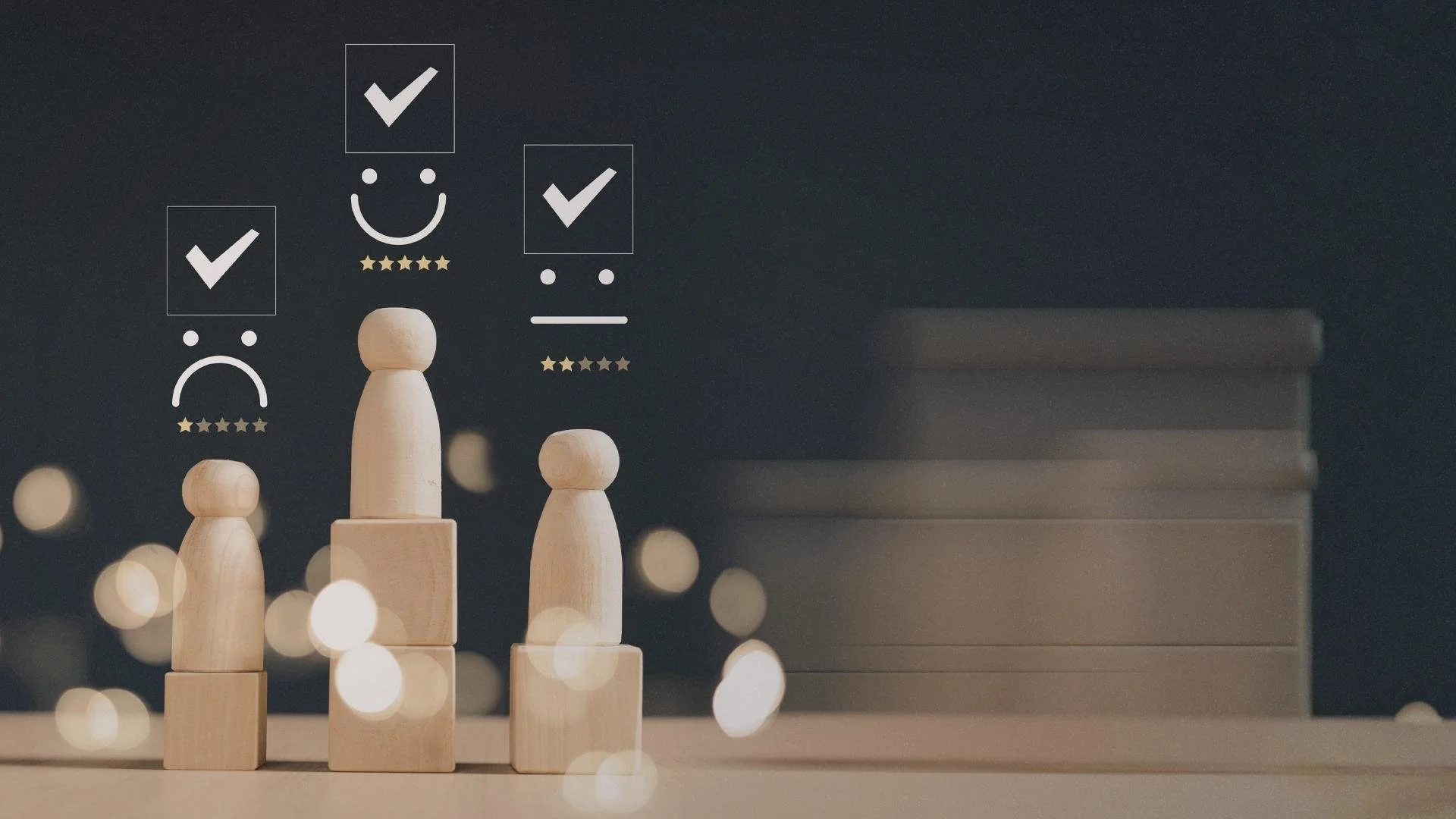 Three wooden figures on blocks beneath approval ticks and star ratings