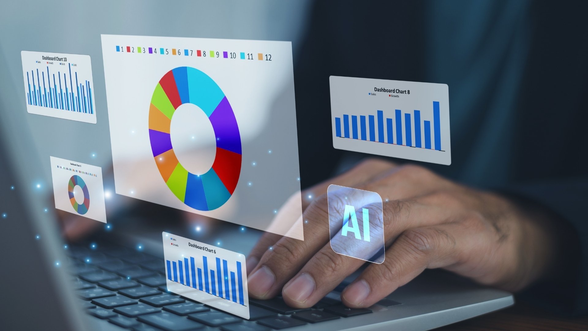 Person using a laptop with AI dashboard charts showing data and reporting metrics.