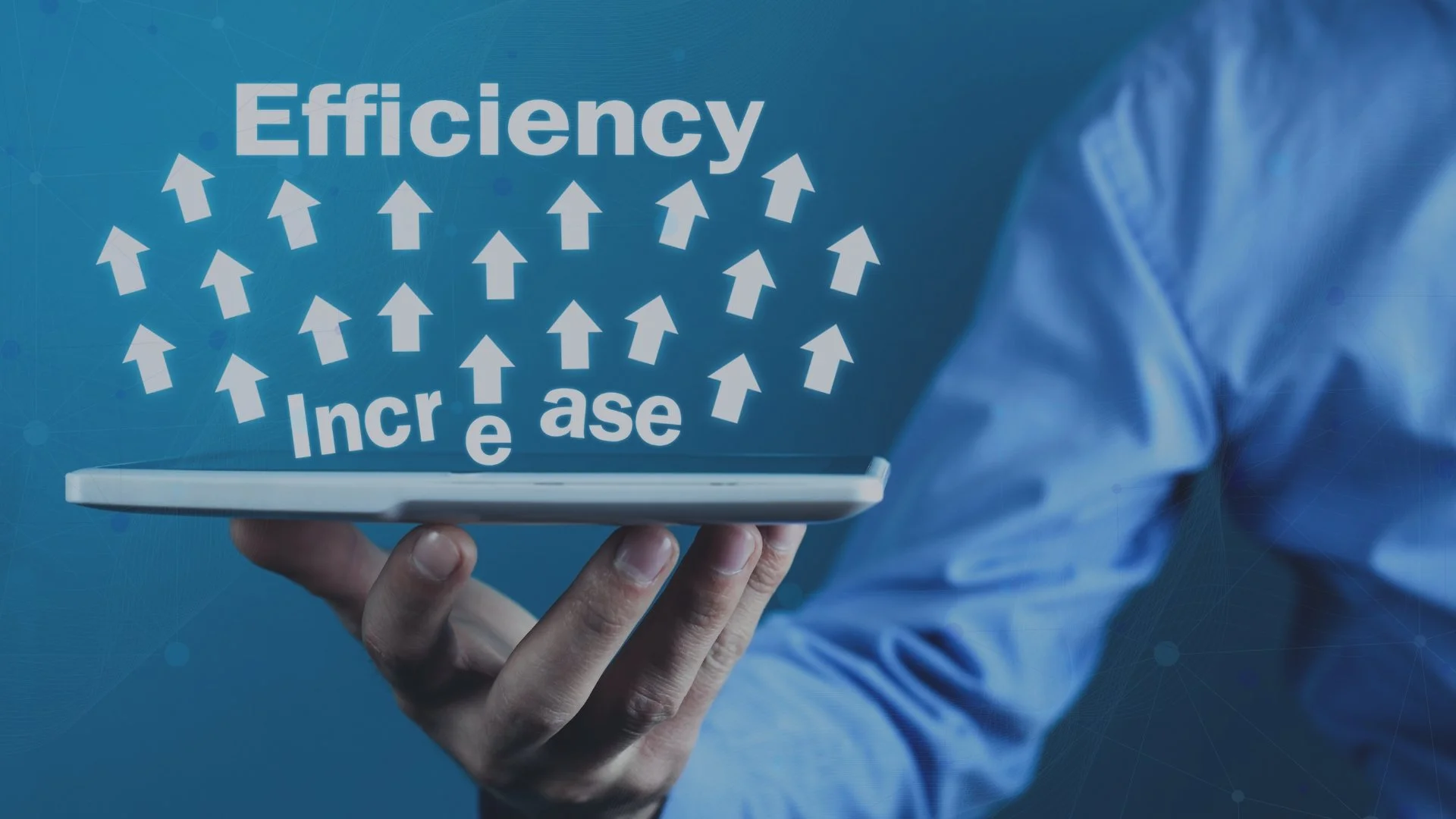 Person holding a tablet displaying an efficiency graphic with upward arrows.