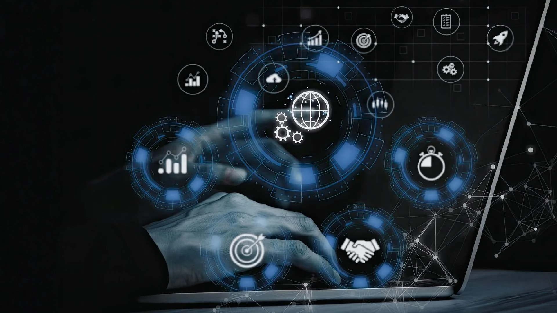 Person using a laptop with digital workflow, analytics, timing and approval icons.