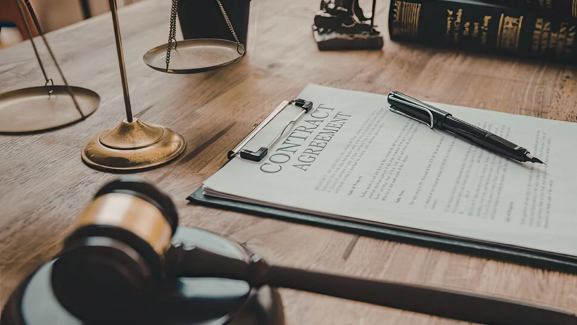Contract agreement, pen, legal scales and gavel arranged on a wooden desk.