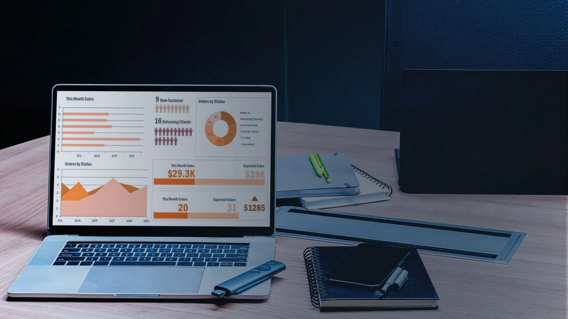 Laptop showing business dashboard charts on a meeting table with notebooks and office tools.