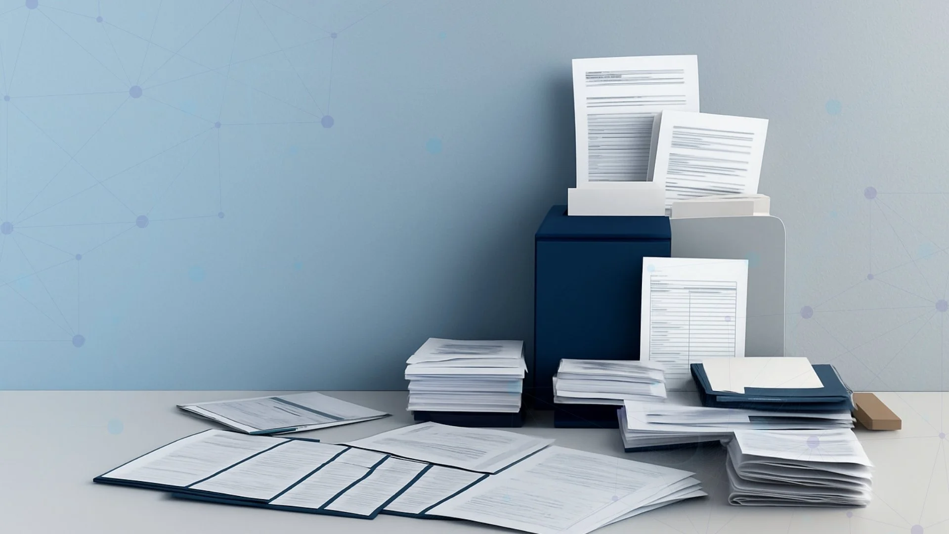 Stacks of documents, folders and paper files arranged around an office file organiser.