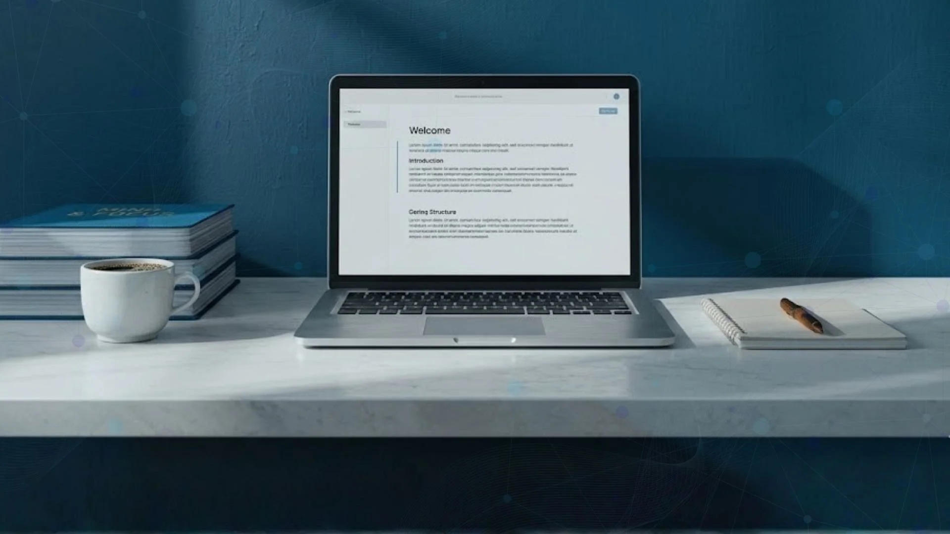 Laptop on a desk with notes, books and a coffee cup, representing a one-day audit of a creative agency workflow