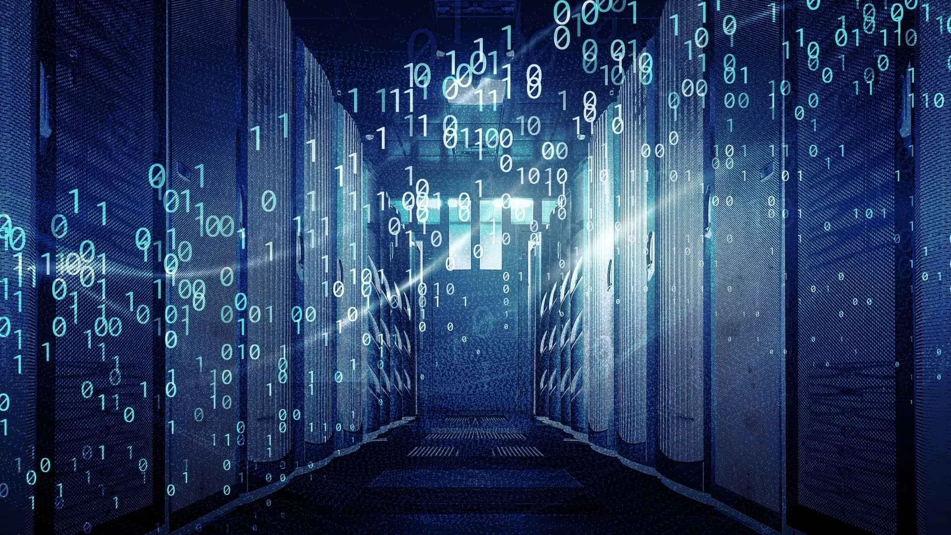 Server room with floating binary code, representing confidential client data stored on external AI systems.