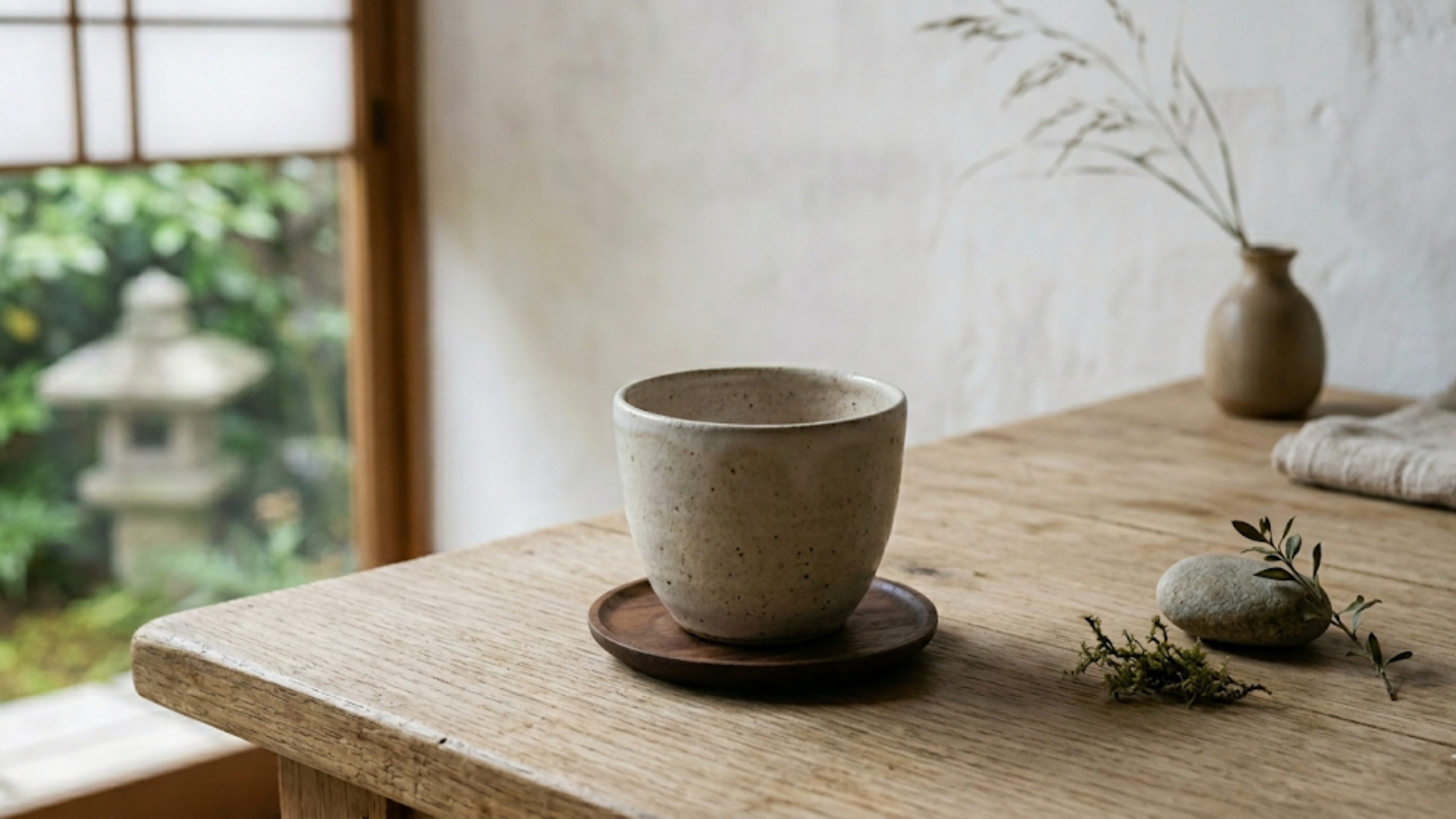 Ceramic cup on a wooden table beside a stone, plant arrangement and garden window.