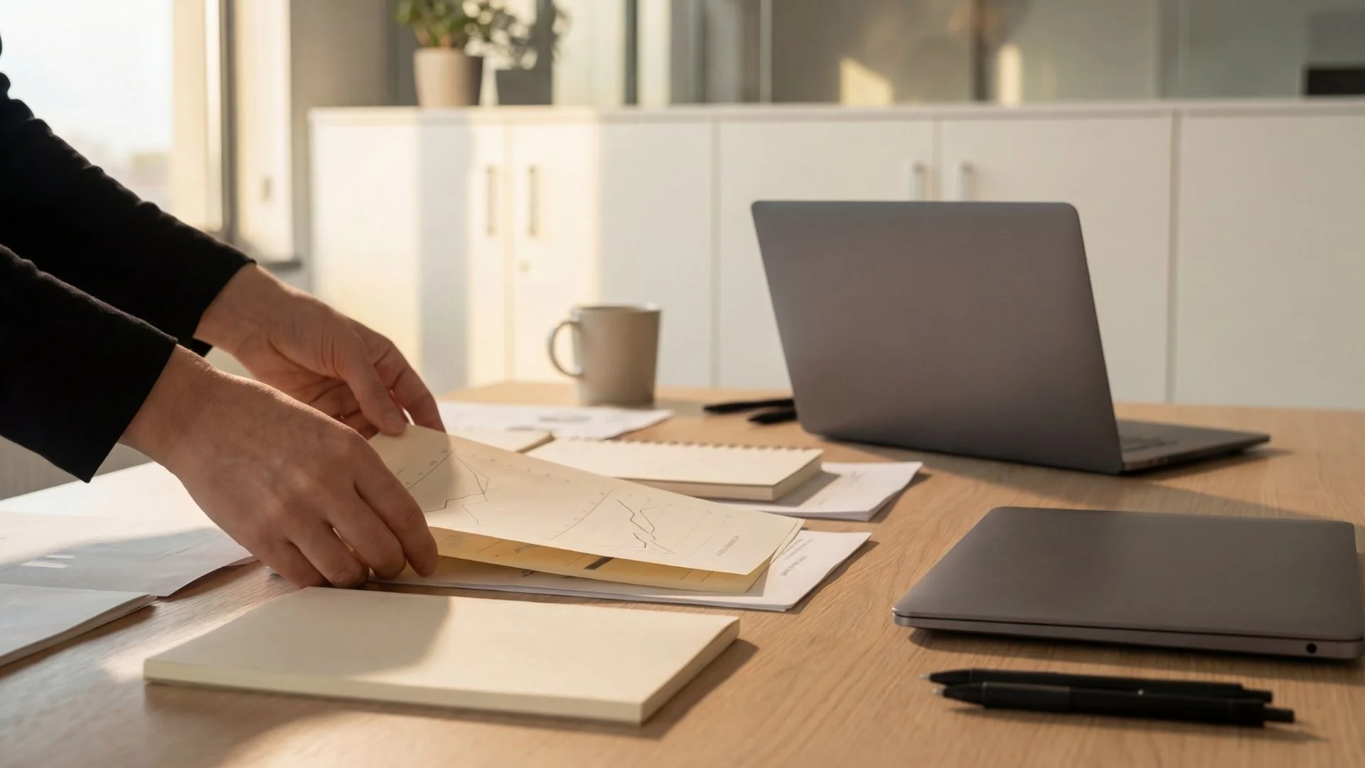 Hero image alt text	Professional arranging proposal documents beside a laptop and tablet on an office table.