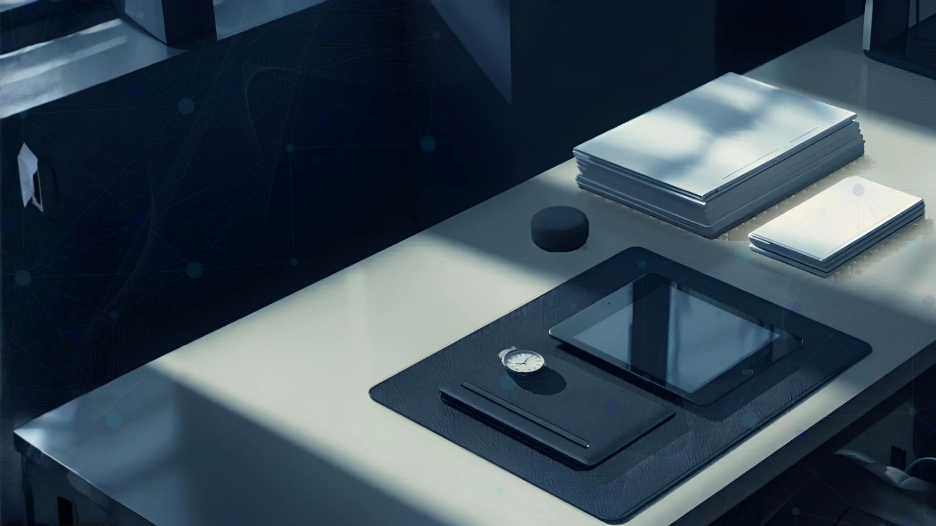 Desk with documents and work devices, representing PR agency capacity gained through a structured workflow
