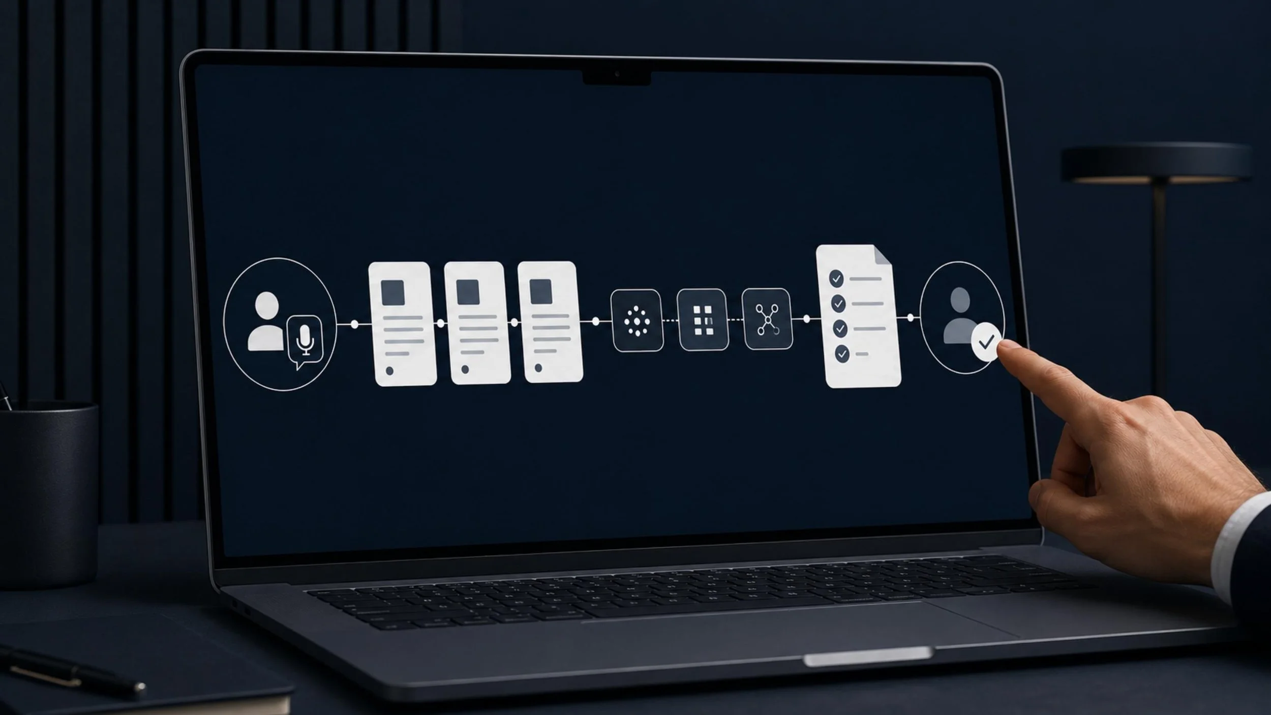 Hand selecting final approval on a laptop showing a workflow from voice briefing through documents, processing and quality checks.