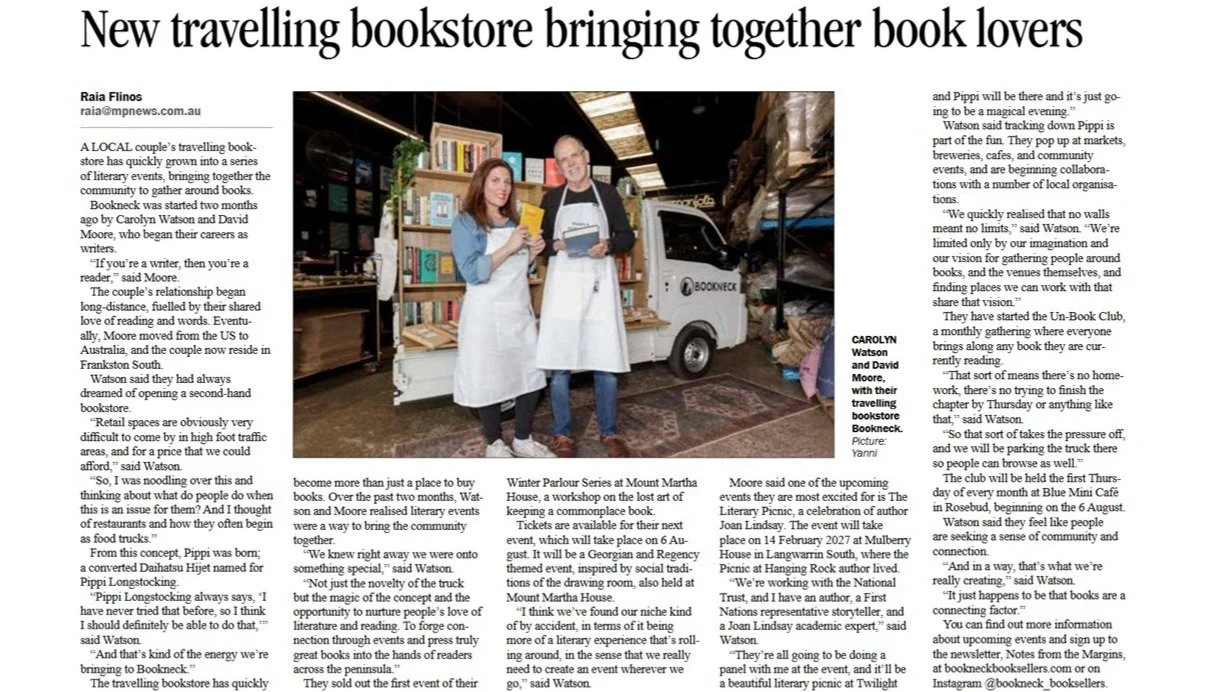 Just a couple of months ago, Bookneck was an idea.

It's remarkable what ink on paper can do.

Thanks, Mornington Peninsula News, for telling our story.

✨📚🛻 

#BookneckBooksellers #MorningtonPeninsula #MorningtonPeninsulaNews #Bookmobile #Secondha