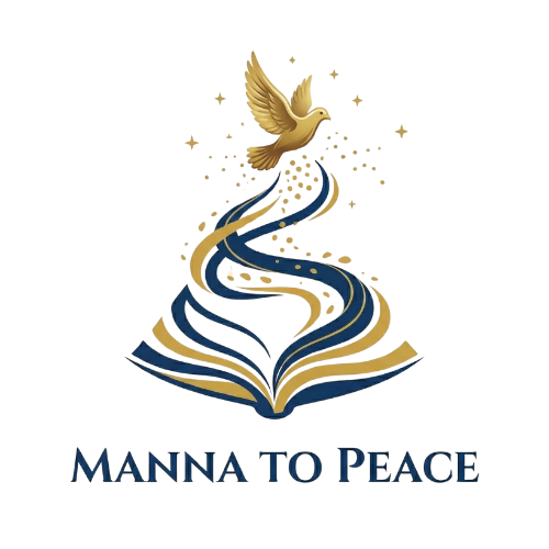 A golden dove flying upwards above an open book with colorful pages, accompanied by the text "MANNA TO PEACE" below.