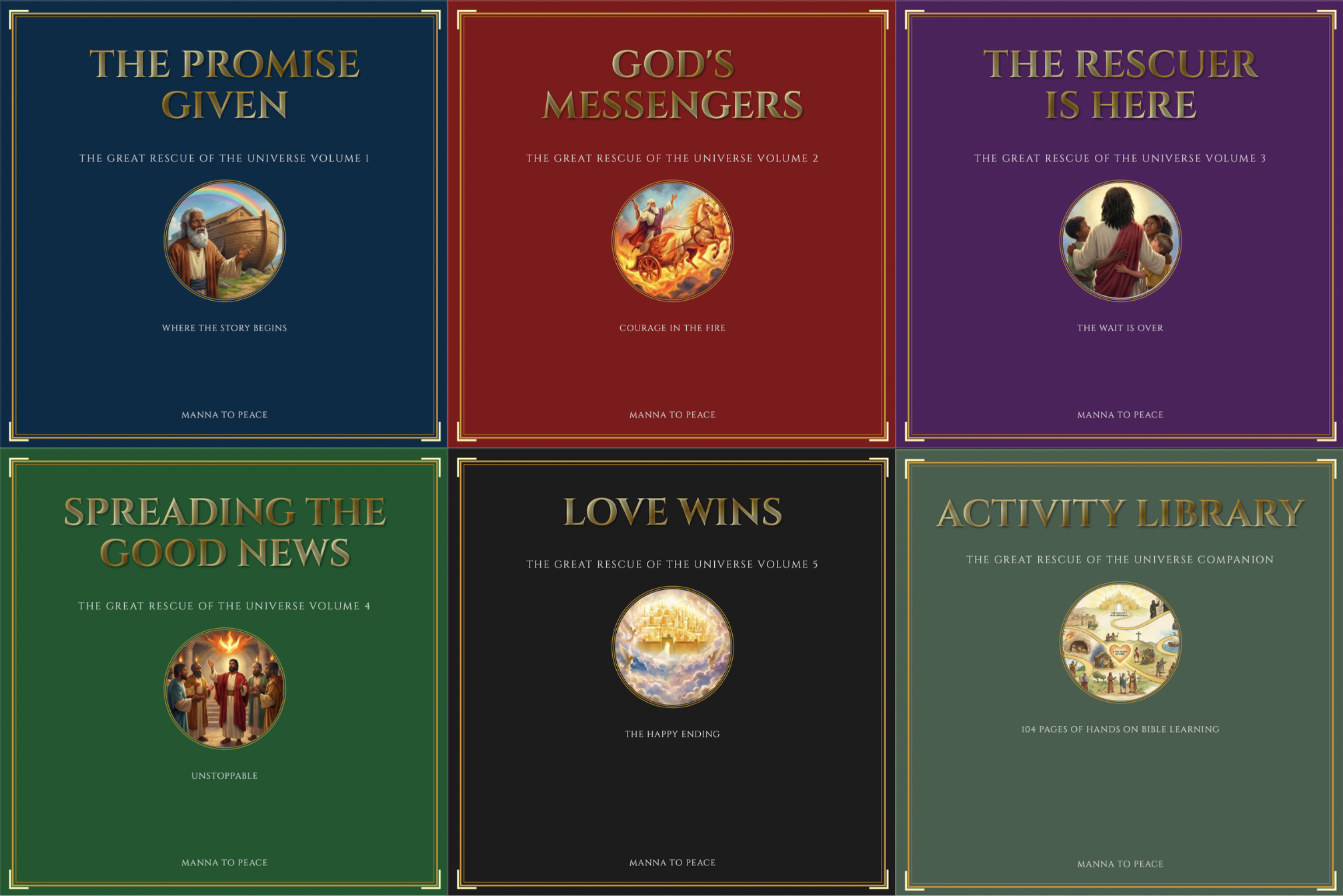 A collection of six book covers with titles related to the Bible and Christian themes, each featuring an illustration at the center. The titles include "The Promise Given," "God's Messengers," "The Rescuer Is Here," "Spreading the Good News," "Love Wins," and "Activity Library." The covers use bold colors such as blue, red, purple, green, black, and teal, with gold lettering and decorative borders.