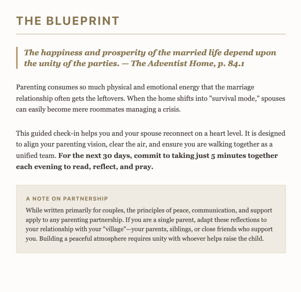 A book page titled 'The Blueprint' with a quote about marriage, discussing reuniting as a team, and recommending a daily five-minute read and reflection for 30 days. Contains a note on partnership emphasizing unity and peace among family members.