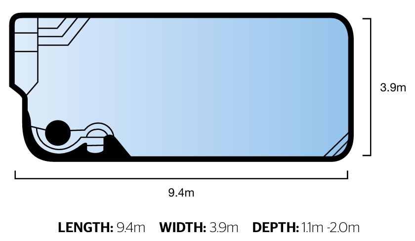 Freedom Pools Champagne pool diagram - 9.4m x 3.9m depth 1.1m to 2.0m - available through Plungeit Pools Queensland