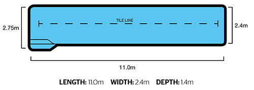 Freedom Pools Lap Pool 11m diagram - 11.0m x 2.4m depth 1.4m - available through Plungeit Pools Queensland