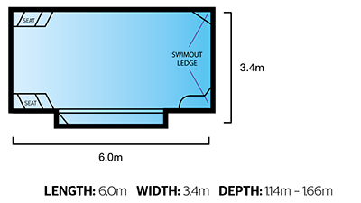 Freedom Pools Ambassador 6m pool diagram - 6.0m x 3.4m depth 1.14m to 1.66m - Plungeit Pools Queensland