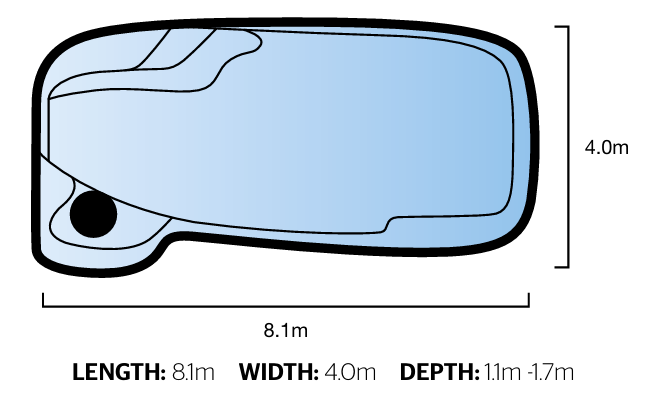 Tranquility Pools 8.1m pool diagram - 8.1m x 4.0m depth 1.1m to 1.7m - available through Plungeit Pools Queensland