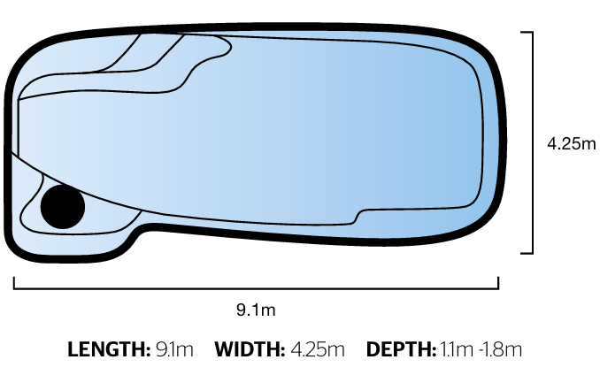 Tranquility Pools 9.1m pool diagram - 9.1m x 4.25m depth 1.1m to 1.8m - available through Plungeit Pools Queensland