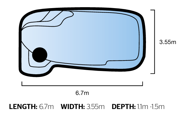 Tranquility Pools Hayman 6.7m pool diagram - 6.7m x 3.55m depth 1.1m to 1.5m - available through Plungeit Pools Queensland