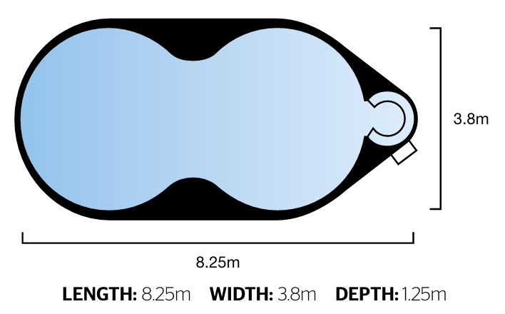 Freedom Pools Above Ground pool with spa diagram - 8.25m x 3.8m depth 1.25m - available through Plungeit Pools Queensland