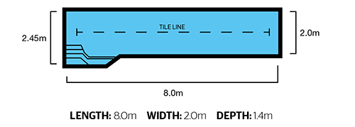 Freedom Pools Lap Pool 8m diagram - 8.0m x 2.0m depth 1.4m - available through Plungeit Pools Queensland