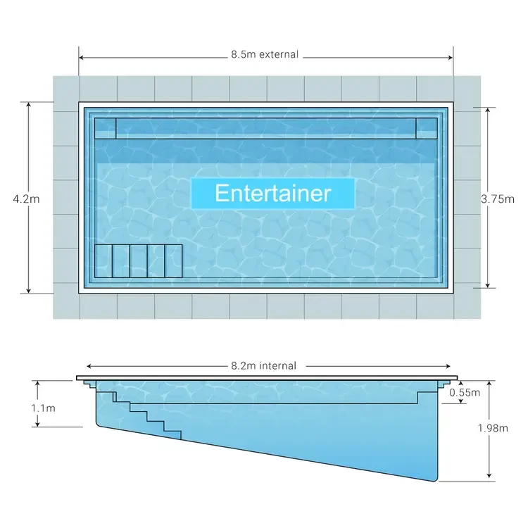 Modern Pools entertainer pool diagram - 8.5m x 4.2m - available through Plungeit Pools Queensland