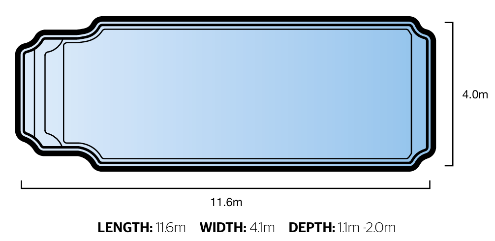 reedom Pools Corinthian pool diagram - 11.6m x 4.1m depth 1.1m to 2.0m - available through Plungeit Pools Queensland