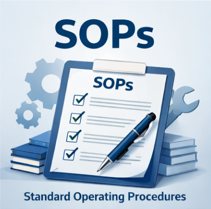 Clipboard with checkmarks and a pen, titled SOPs for Standard Operating Procedures, surrounded by stacks of books and gear icons.