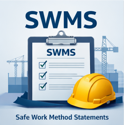 A safety work method statements (SWMS) document on a clipboard in front of construction site cranes, with a yellow hard hat in the foreground.