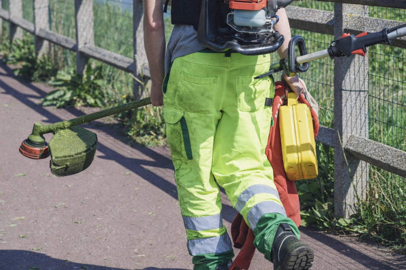 A worker wearing bright yellow high-visibility pants carrying a weed trimmer and a yellow toolbox, walking along a sidewalk next to a metal fence.