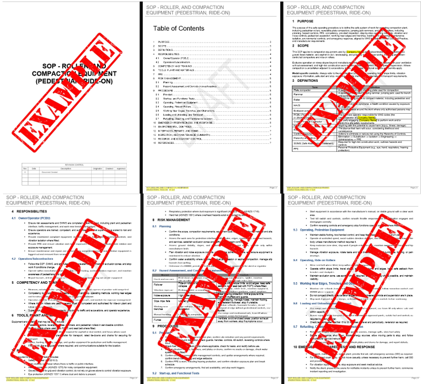 Six pages of a document titled 'SOP - Rider, and Compact Equipment (Pedestrian, Ride-On)' with a large red 'EXAMPLE' stamp across each page.