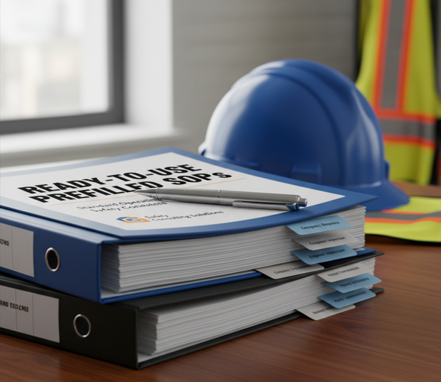 Stack of binders labeled 'Ready To Use & Review Checklist' with a pen on top, a blue safety helmet, and a high-visibility vest in the background on a wooden desk.