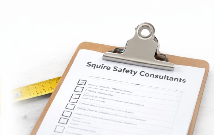 Clipboard with a safety checklist titled 'Squire Safety Consultants', a yellow measuring tape partially visible behind it against a white background.