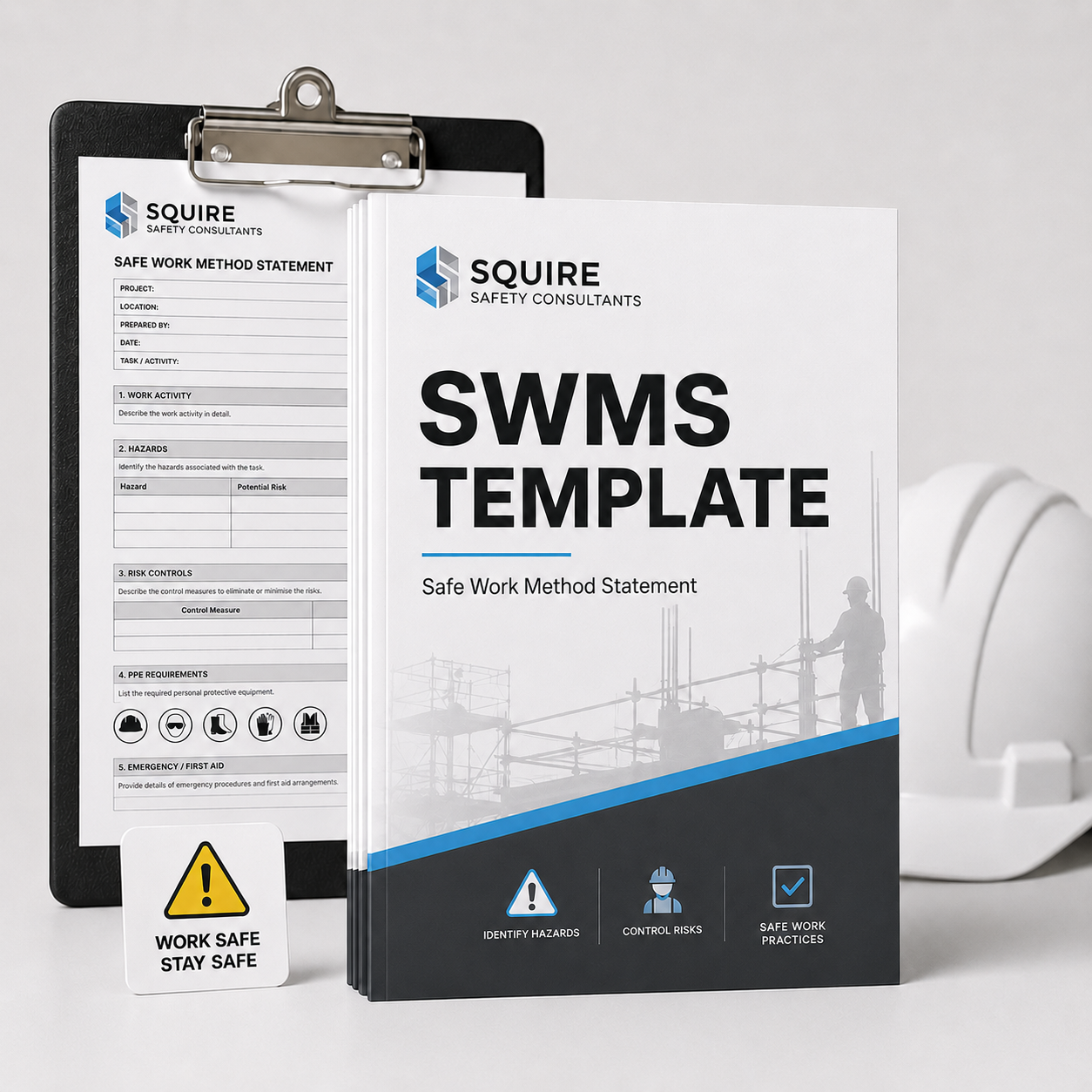 Booklet titled SWMS Template from Squire Safety Consultants, featuring sections on hazard identification, risk control, PPE requirements, and emergency procedures, with safety icons and a construction site background.