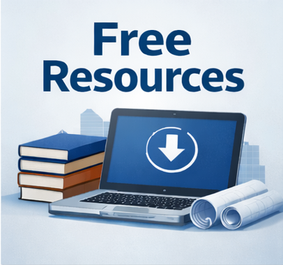 Poster with text 'Free Resources' showing a laptop with download icon, stacked books, and rolled-up blueprints.