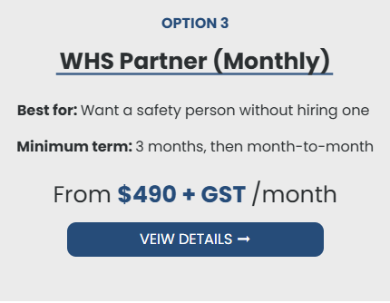 Advertisement for WHS Partner monthly safety person service, starting at $490 plus GST, with details button.