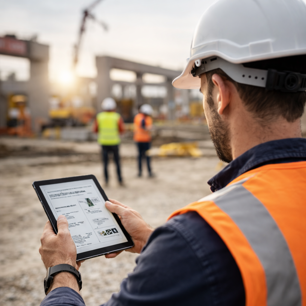 Construction worker wearing a white safety helmet and orange safety vest reviewing plans on a tablet at a construction site with other workers in the background during sunset.