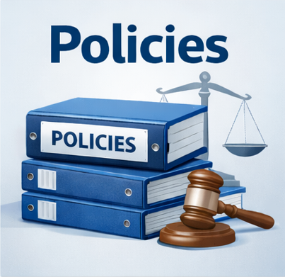 Stack of three blue binders labeled 'Policies' with a gavel resting on them and a scale of justice in the background.