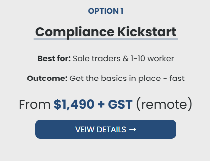A promotional graphic titled 'Option 1 Compliance Kickstart' offering a course for sole traders and 1-10 workers, with a price starting at $1,490 plus GST, and a blue button labeled 'View Details'.