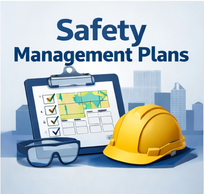 A safety management plan document with checklist, safety glasses, a yellow safety helmet, and a city skyline in the background.