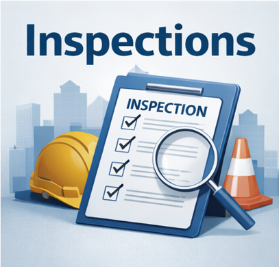 Inspection checklist on clipboard with a magnifying glass, safety helmet, and traffic cone, with cityscape background.