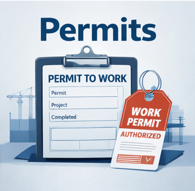 A construction permit application form on a clipboard with a work permit badge in front, set against a background showing crane illustrations.