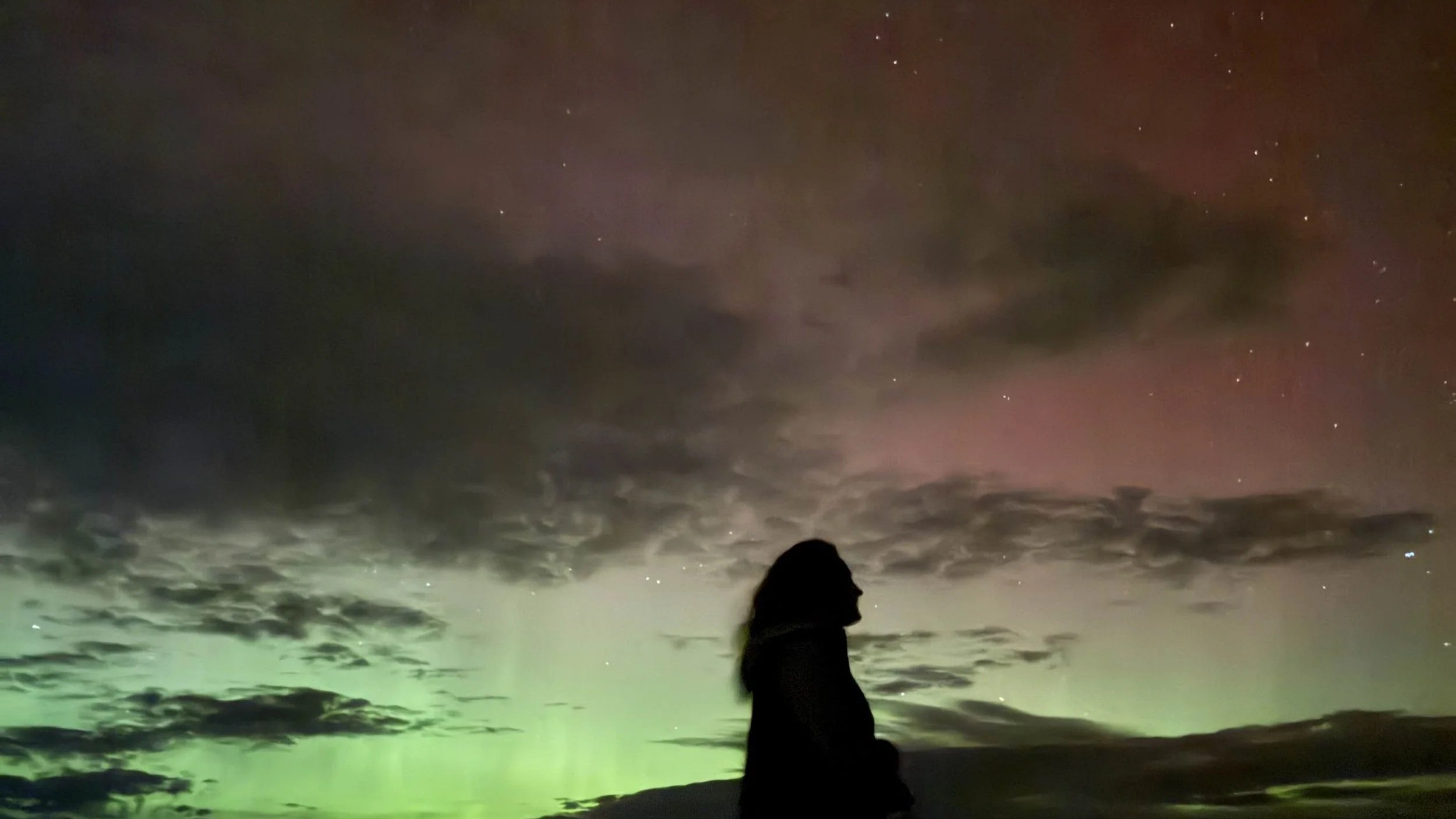 Silhouette of a person standing in front of an outdoor scene at night, with green and purple aurora borealis and starry sky in the background.